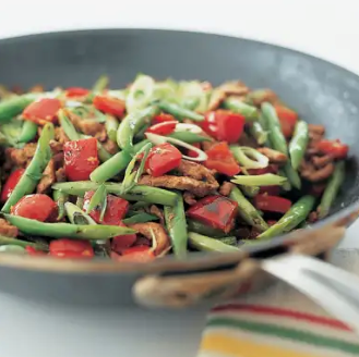 Spicy stir-fried pork, asparagus, and onion with lemon grass