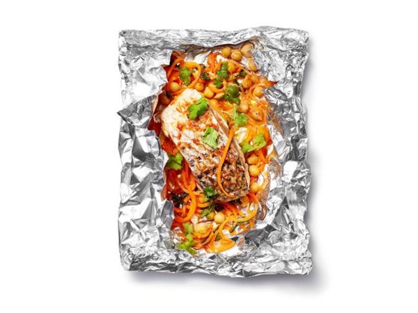 Spicy striped bass with carrot noodles