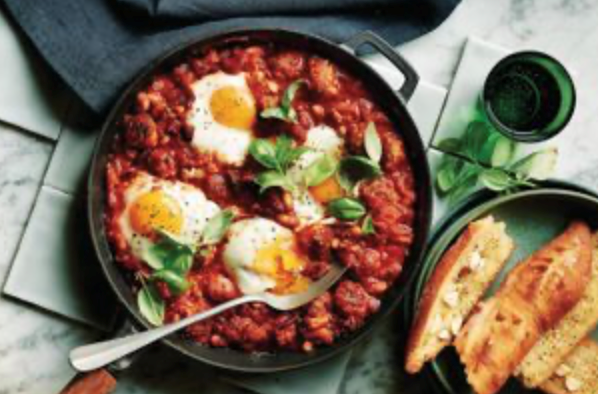 Spicy sugo eggs with sausage and cannellini beans