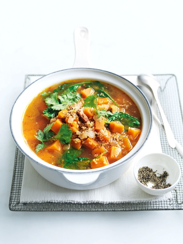 Spicy sweet potato, quinoa and speck soup
