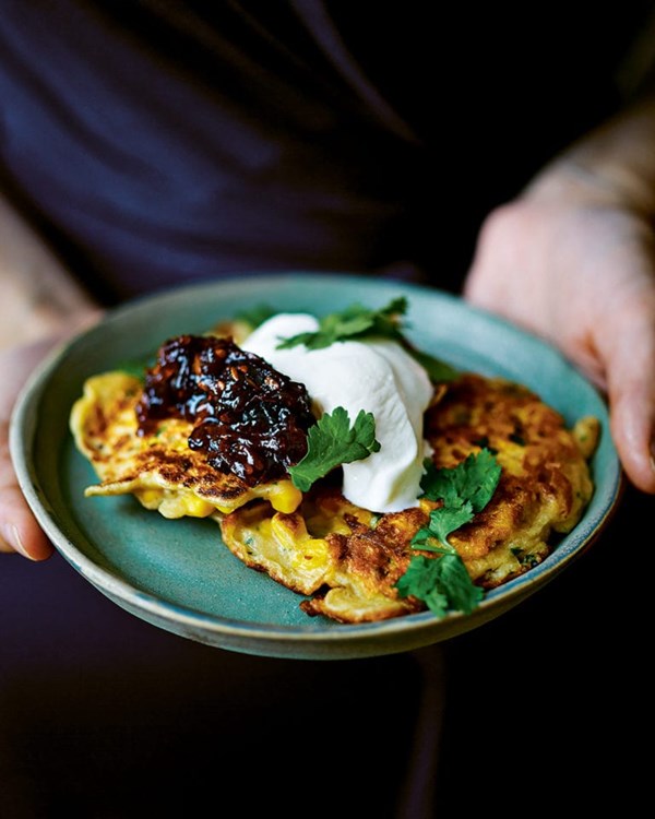 Spicy sweetcorn fritters with tomato chutney 