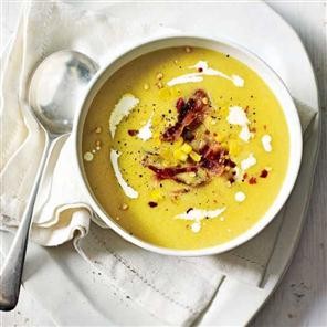 Spicy sweetcorn soup with toasted corn and crispy pancetta