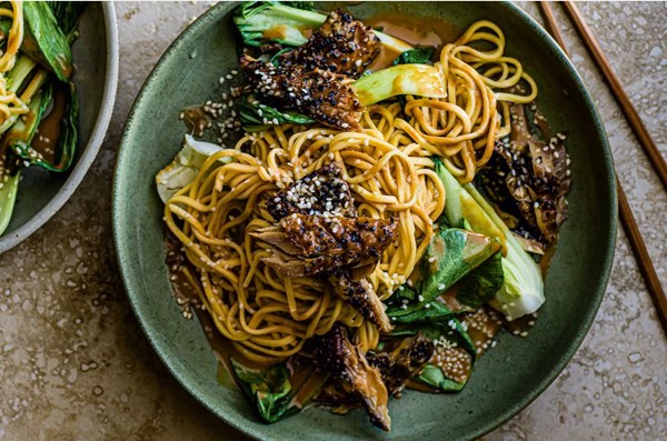 Spicy Szechuan-style sesame & smoked mackerel noodles