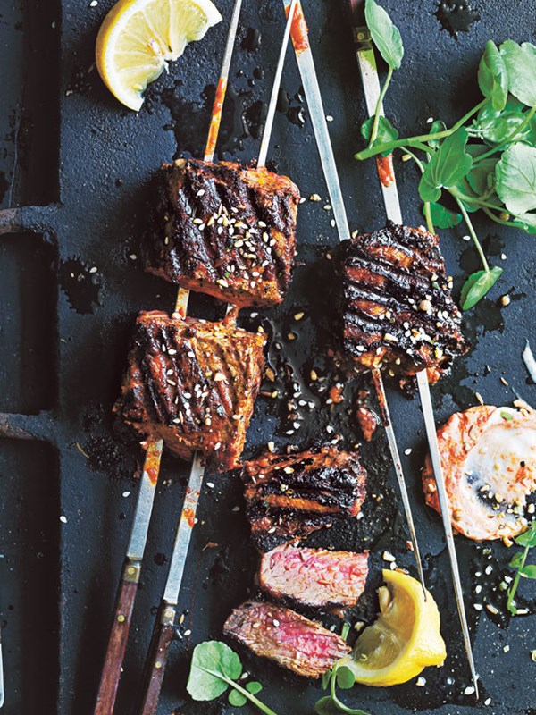 Spicy tahini and harissa beef skewers