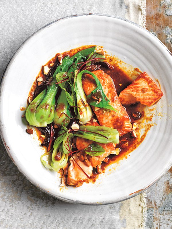 Spicy tamarind salmon with bok choy and almonds