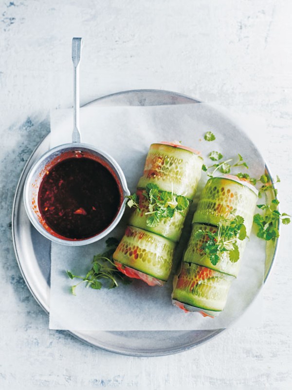Spicy tofu and green tea noodle rice paper rolls