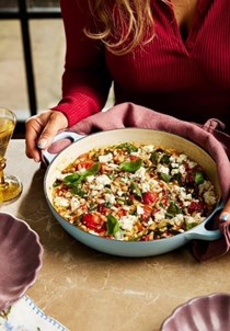 Spicy tomato orzo with toasted pine nuts & feta
