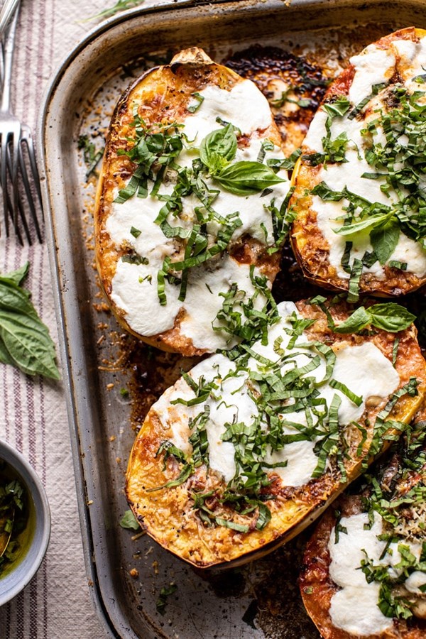 Spicy tomato Parmesan stuffed spaghetti squash