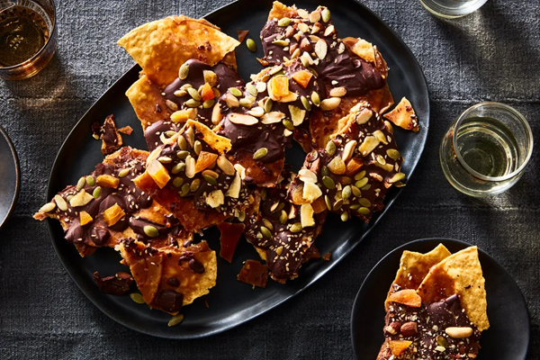 Spicy tostada toffee with toasty, chewy toppings