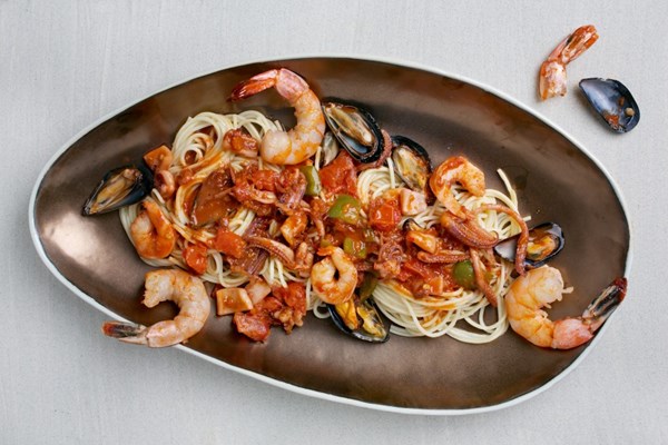 Spicy Tunisian seafood pasta