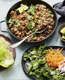 Spicy turkey larb with soft herbs and lettuces