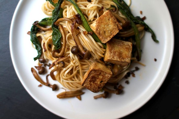 Spicy udon noodles with peppercorns, mushrooms + Chinese broccoli