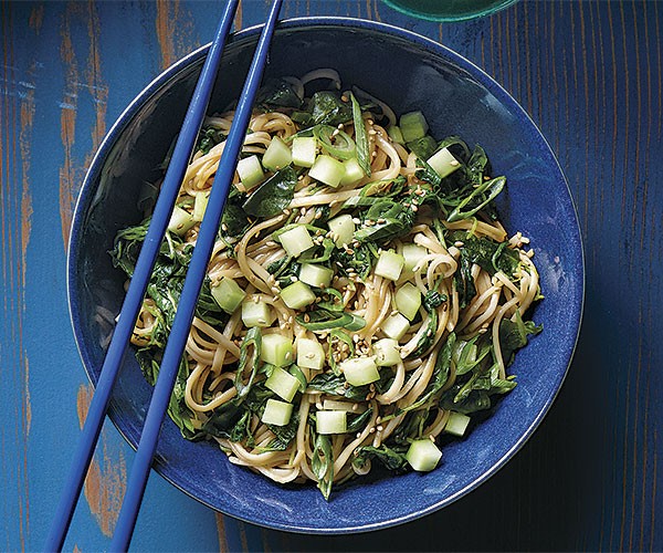 Spicy udon noodles with wilted watercress