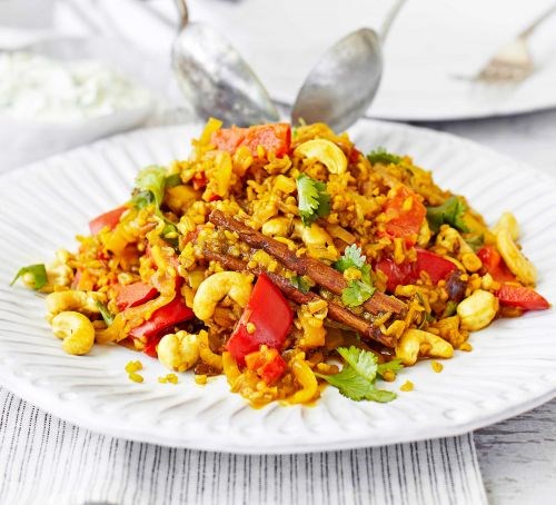 Spicy vegetable pilau with cucumber raita