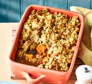 Spicy veggie pies with peanut butter mash