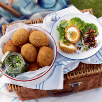 Spicy veggie Scotch eggs with cucumber relish