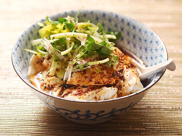 Spicy warm silken tofu with celery and cilantro salad