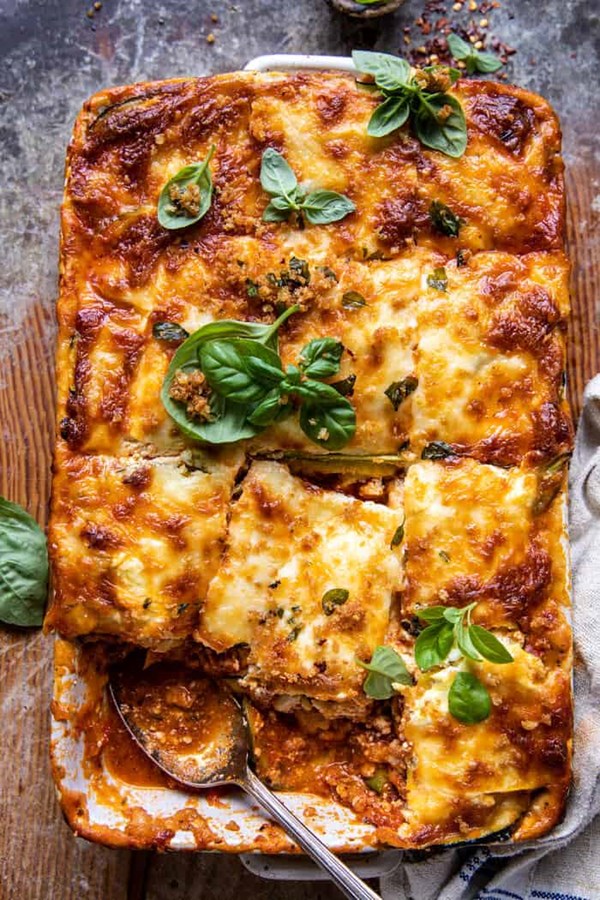 Spicy zucchini ricotta lasagna with oregano breadcrumbs