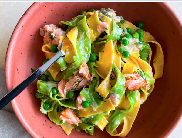 Spinach & egg pasta with hot-smoked salmon