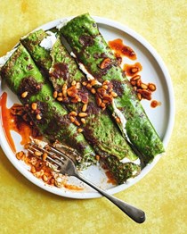 Spinach & ricotta pancakes with crispy ‘nduja oil