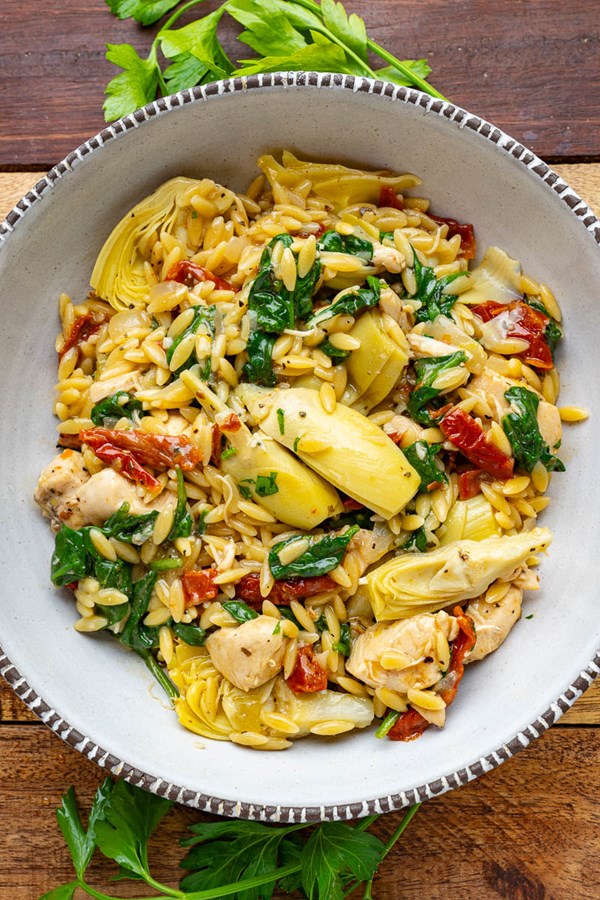 Spinach and artichoke chicken orzo
