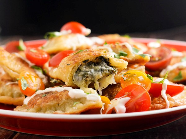 Spinach and artichoke dip-filled pierogi