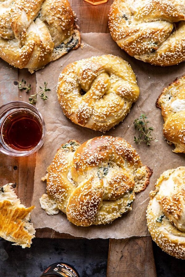 Spinach and artichoke stuffed soft pretzels