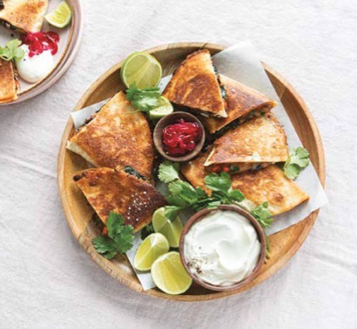 Spinach and black bean quesadillas with quick-pickled onions