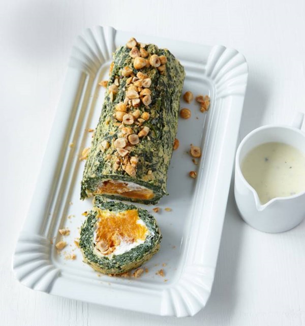 Spinach and butternut squash roulade with blue cheese sauce