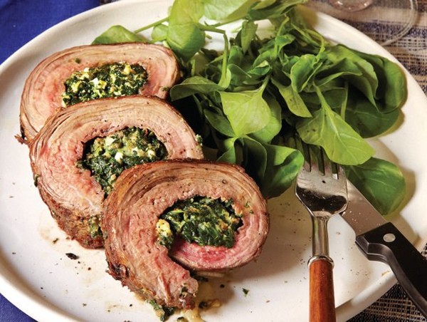 Spinach and Gorgonzola-stuffed flank steak