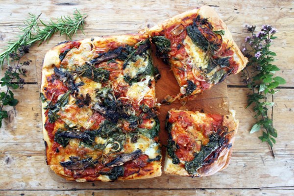 Spinach and mushroom deep-pan focaccia pizza