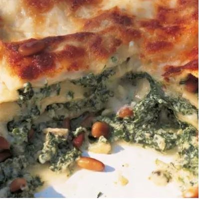 Spinach and ricotta lasagne with pine nuts