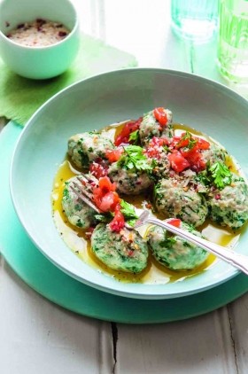 Spinach and walnut malfatti with herby tomato salsa and chilli Parmesan sprinkles