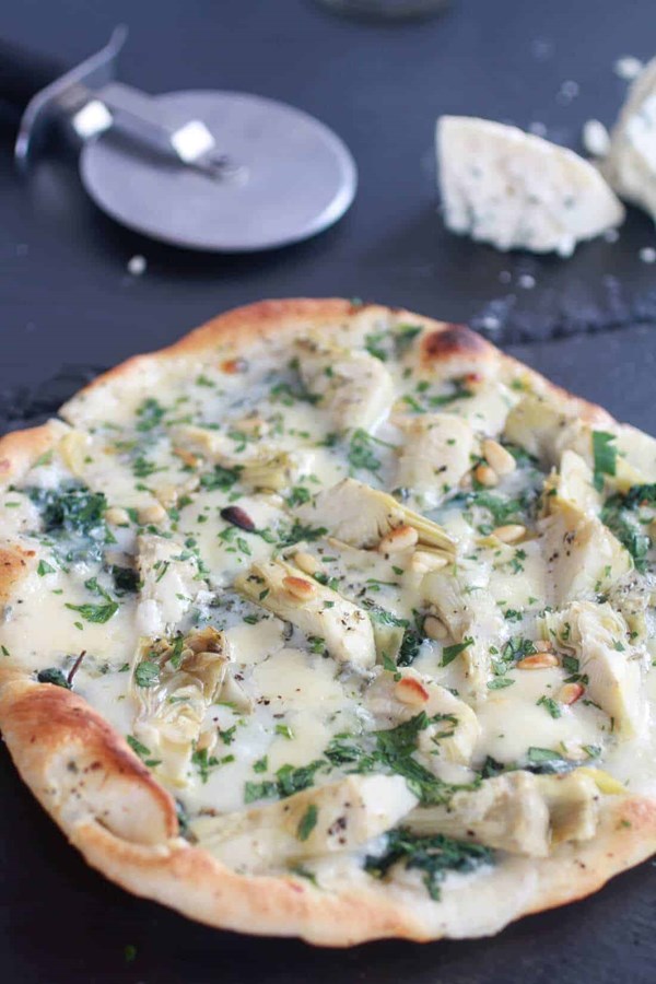 Spinach artichoke and blue cheese (or feta) pizza