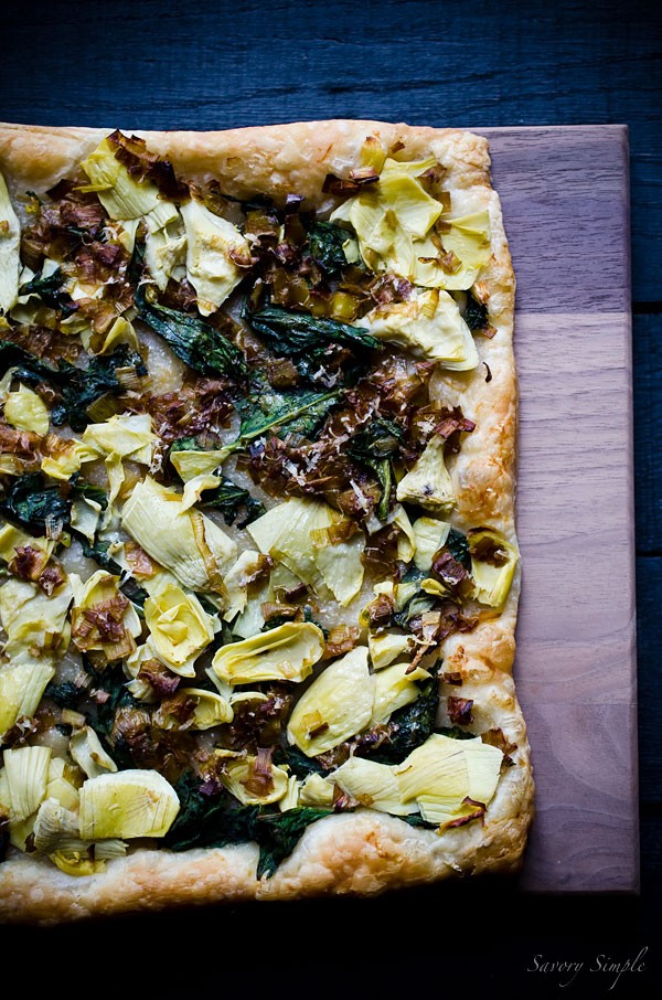 Spinach, artichoke and caramelized leek tart