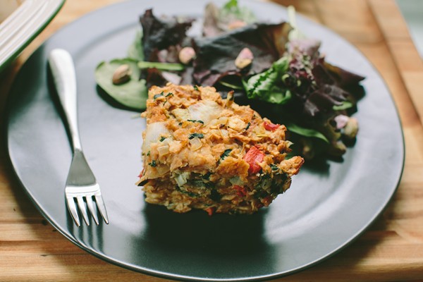 Spinach-artichoke matzo kugel