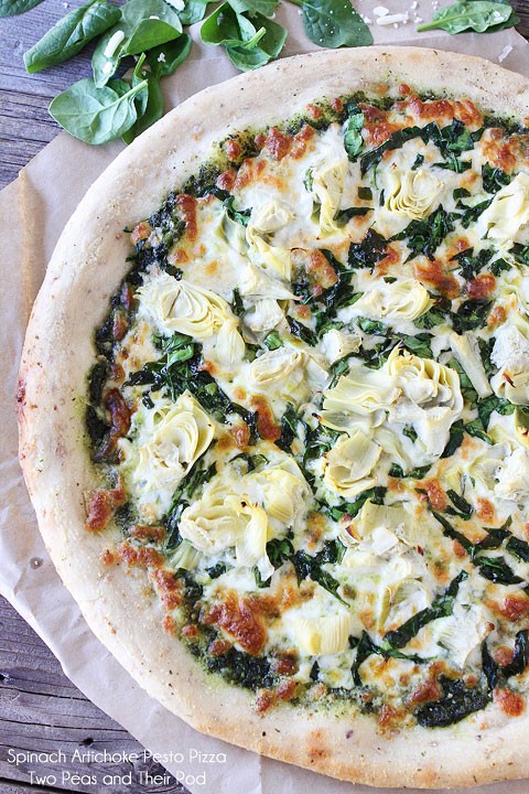 Spinach artichoke pesto pizza