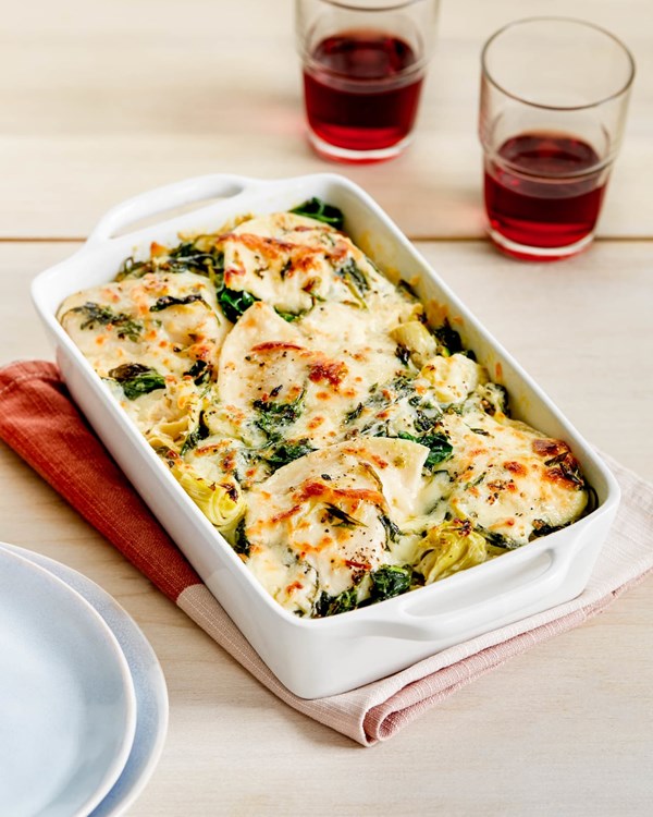 Spinach-artichoke pierogy casserole