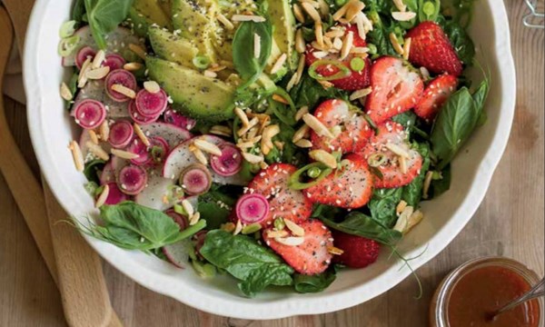 Spinach, avocado & snap pea salad with raspberry-shallot vinaigrette 