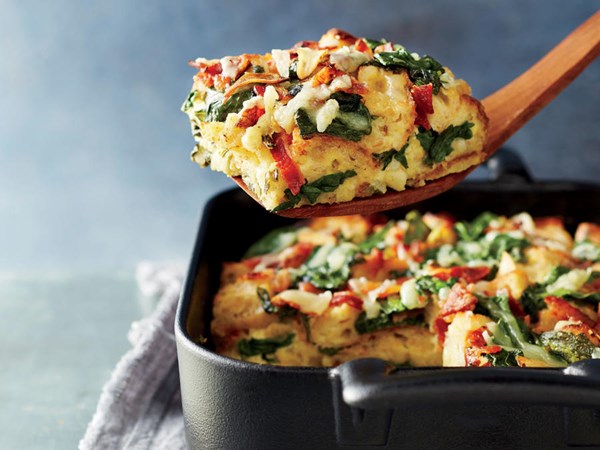 Spinach, bacon, and Gruyère breakfast strata