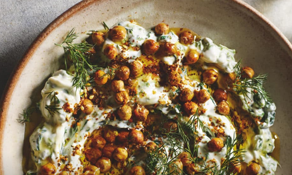 Spinach borani with fried chickpeas