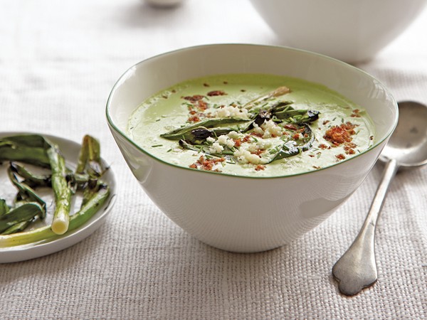 Spinach, chive, and yogurt soup with grilled scallions