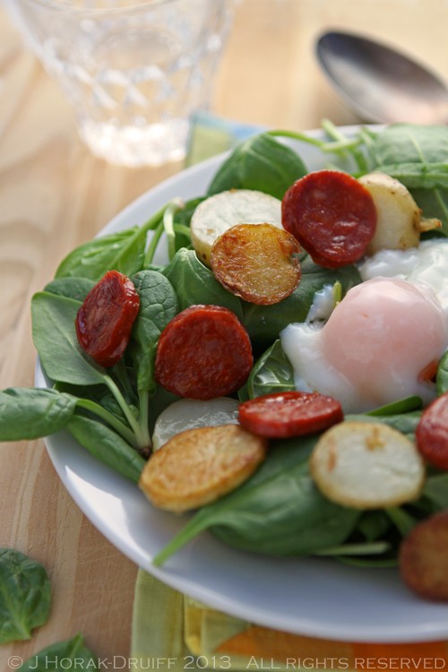 Spinach, chorizo & baby potato salad with a sous vide poached egg