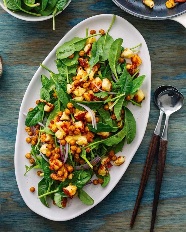 Spinach, crispy chickpea & fried paneer salad with toasted cumin & lime dressing