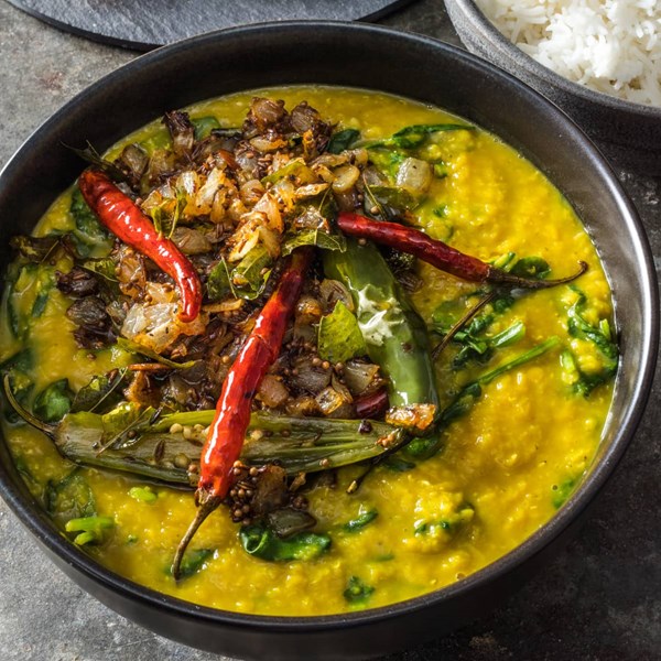 Spinach dal with cumin and mustard seeds