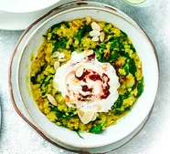 Spinach dhal with harissa yogurt