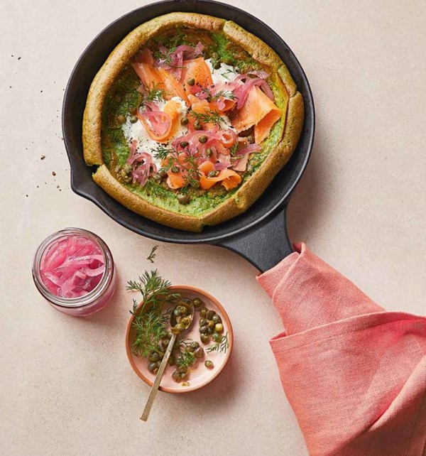 Spinach Dutch baby with smoked salmon