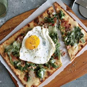 Spinach, egg, and prosciutto flatbreads