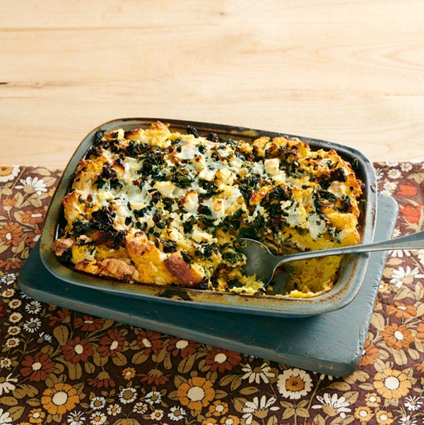 Spinach, feta and sun-dried tomato strata