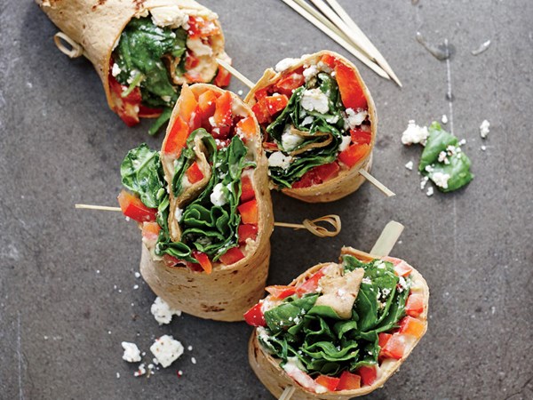 Spinach, hummus, and red bell pepper wraps